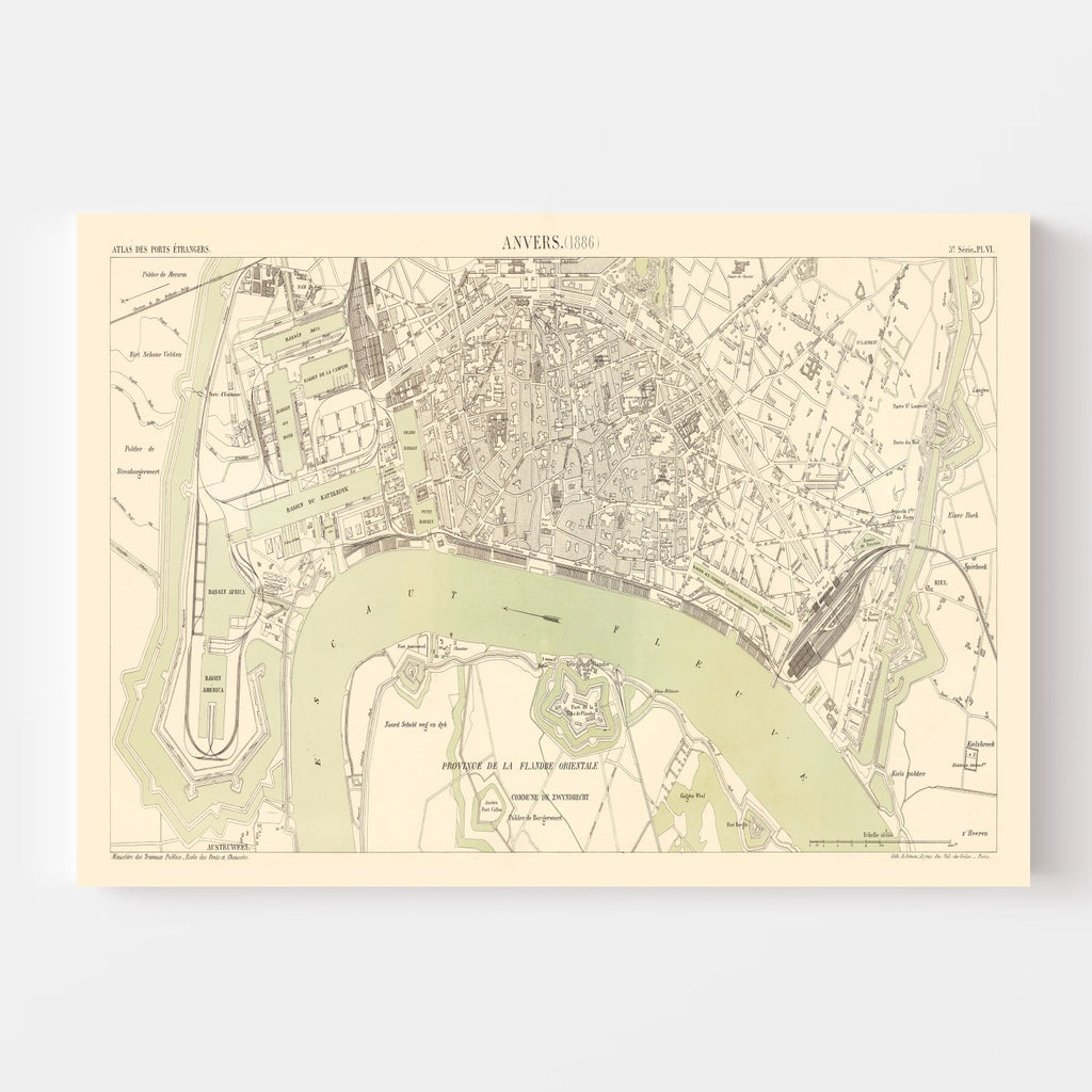 Vintage Map of Antwerp, Belgium 1886