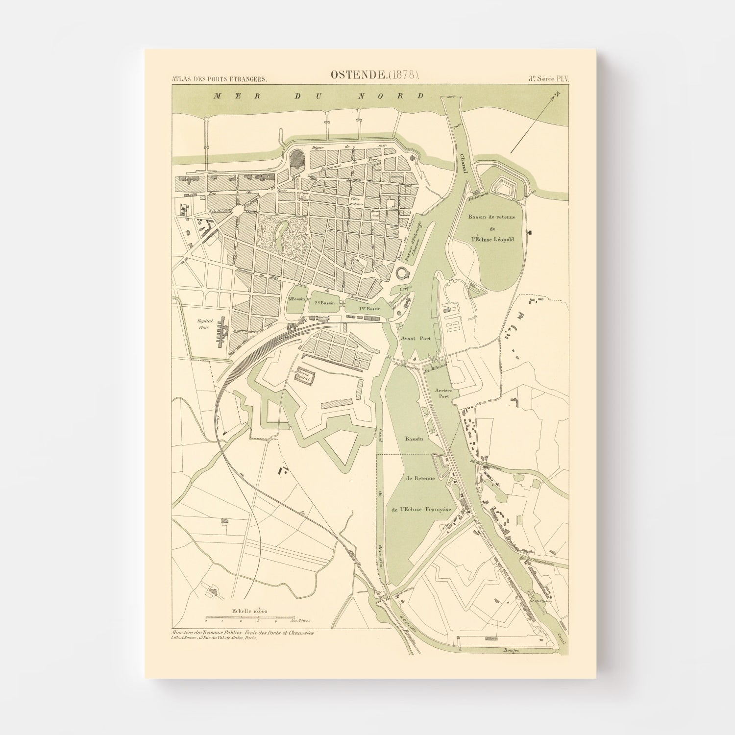 Vintage Map of Ostend, Belgium 1878