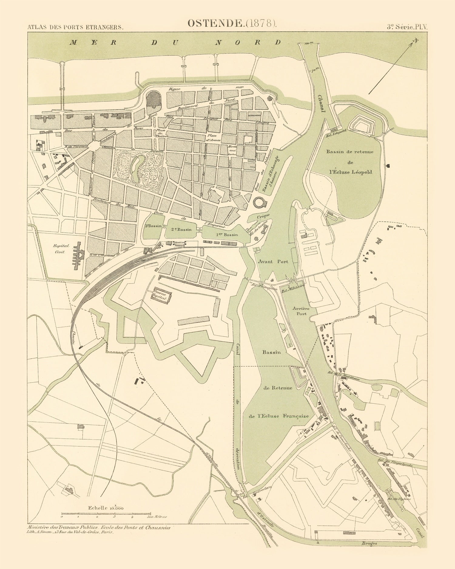 Vintage Map of Ostend, Belgium 1878