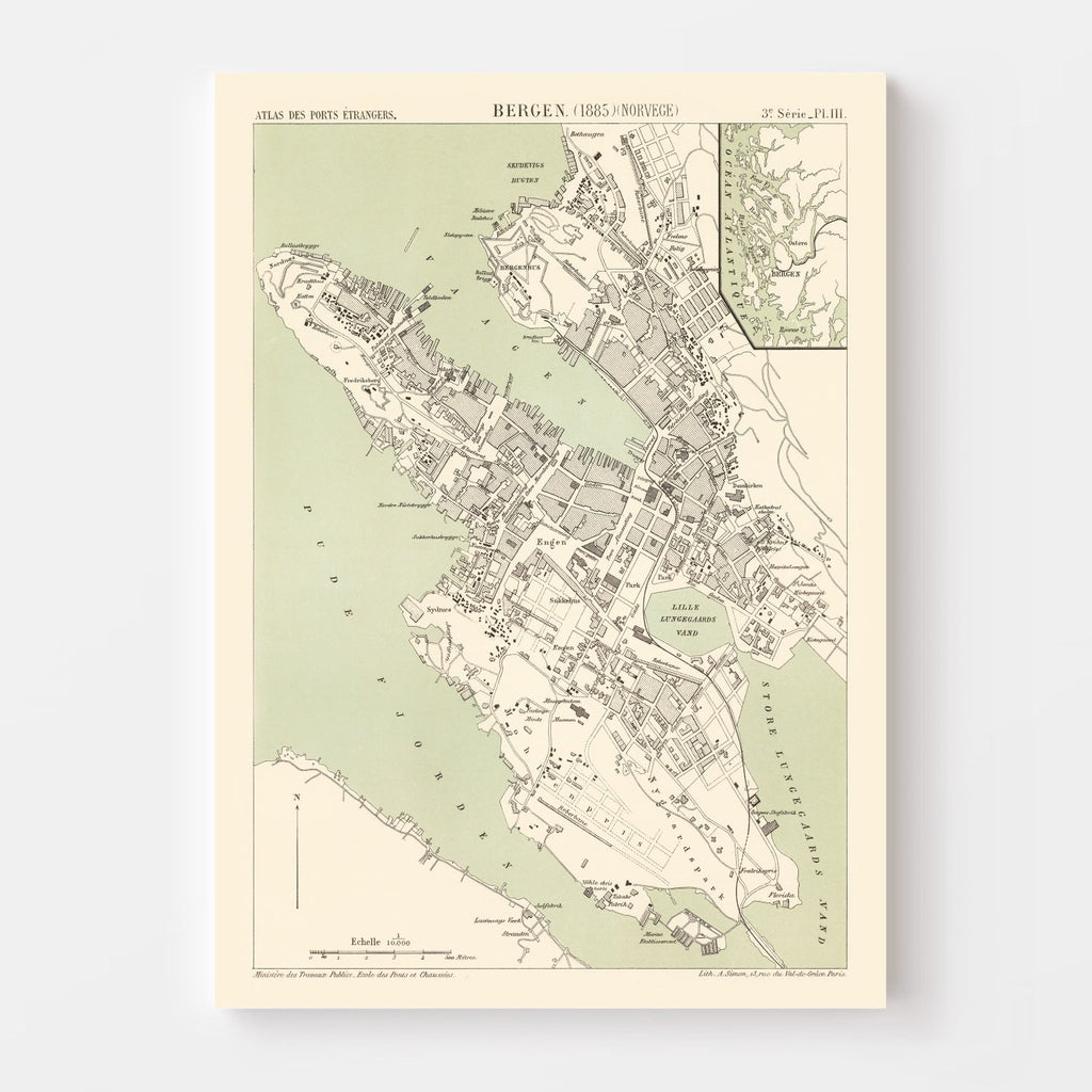 Vintage Map of Bergen, Norway 1885