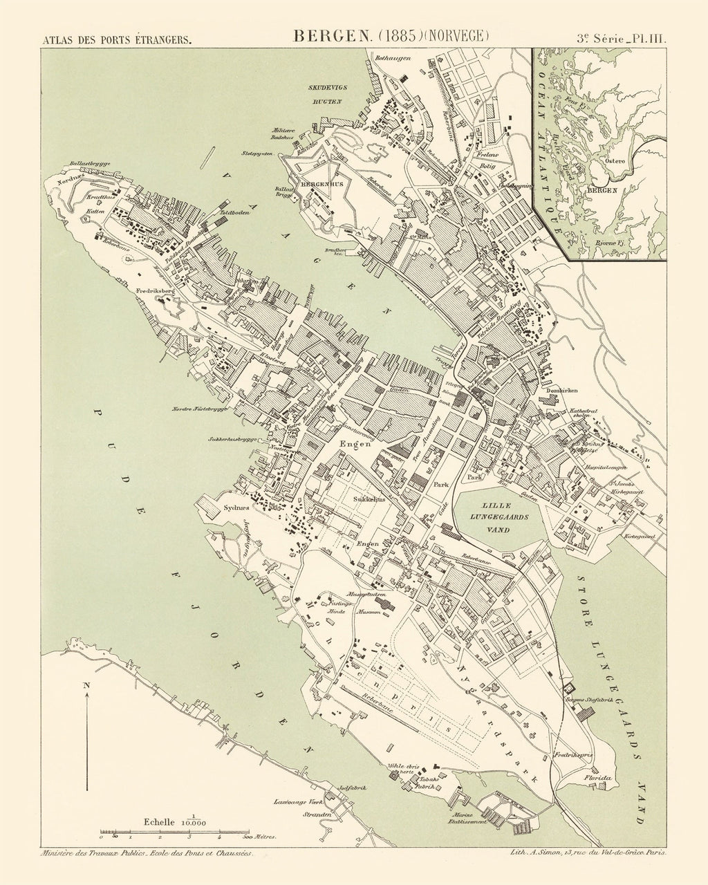 Vintage Map of Bergen, Norway 1885