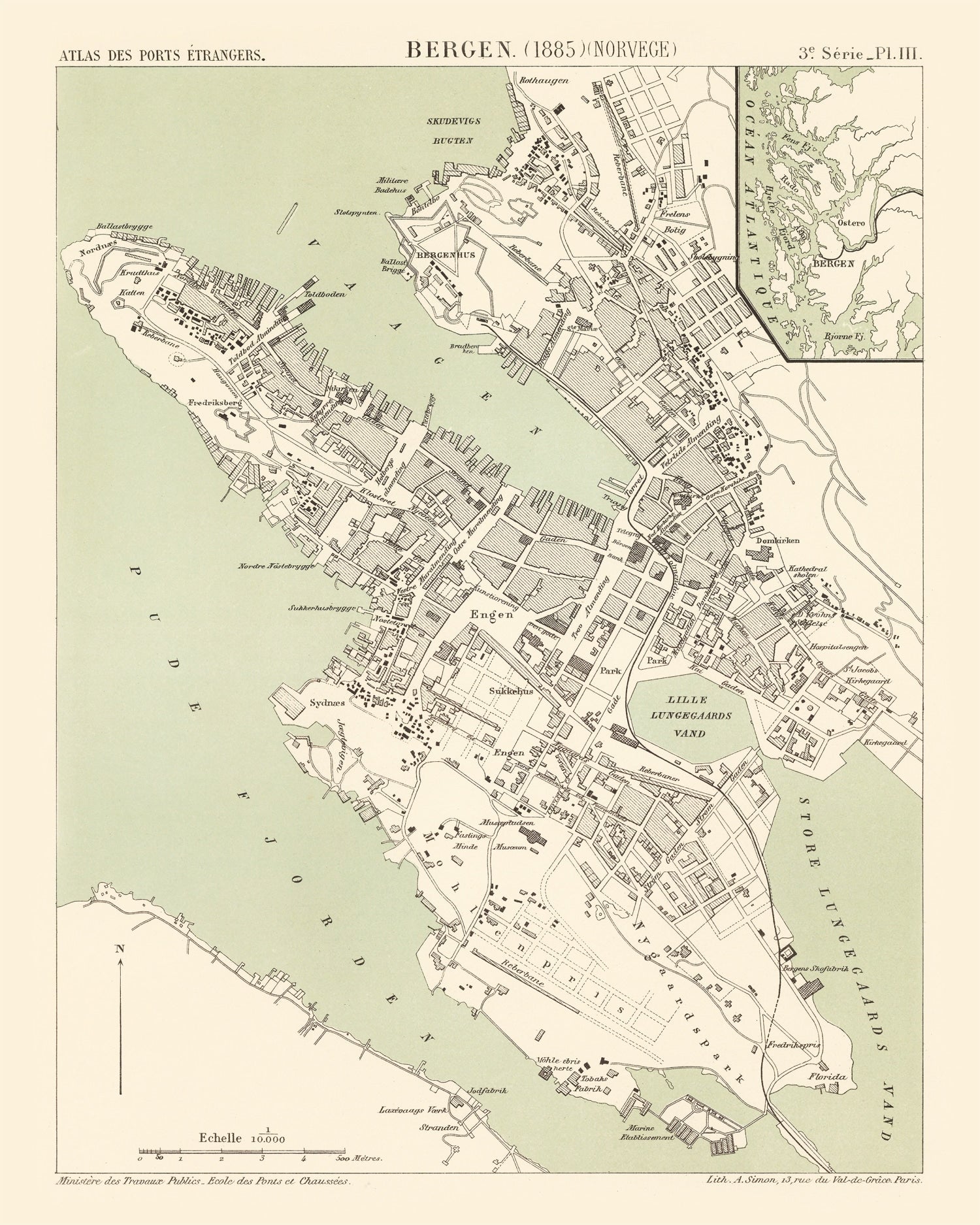 Vintage Map of Bergen, Norway 1885