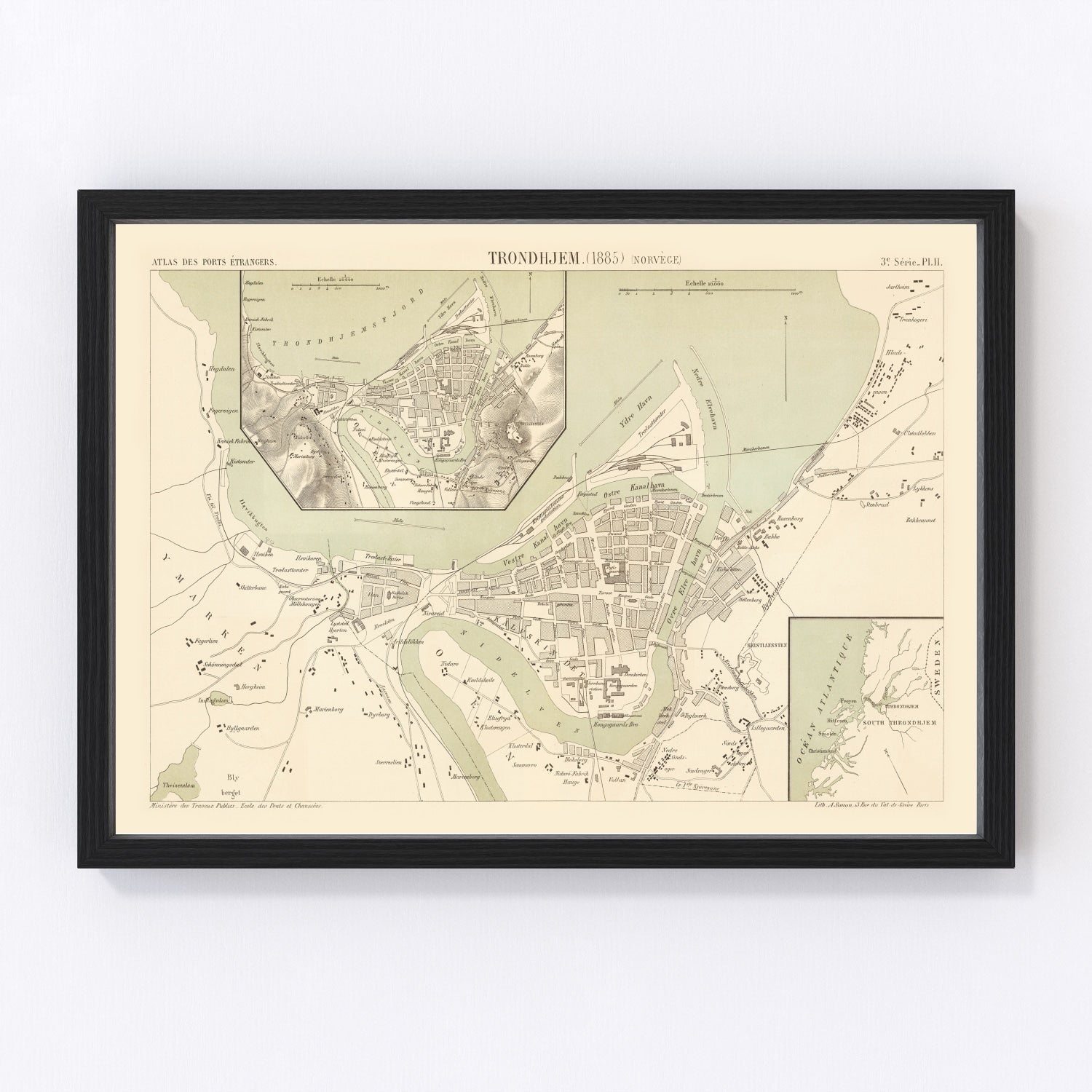 Vintage Map of Trondheim, Norway 1885