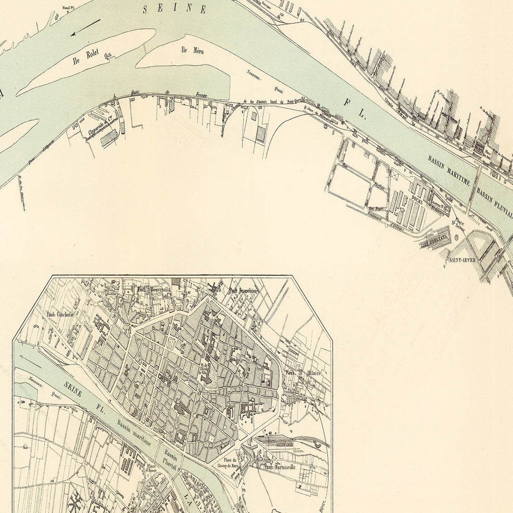 Vintage Map of Rouen, France 1886