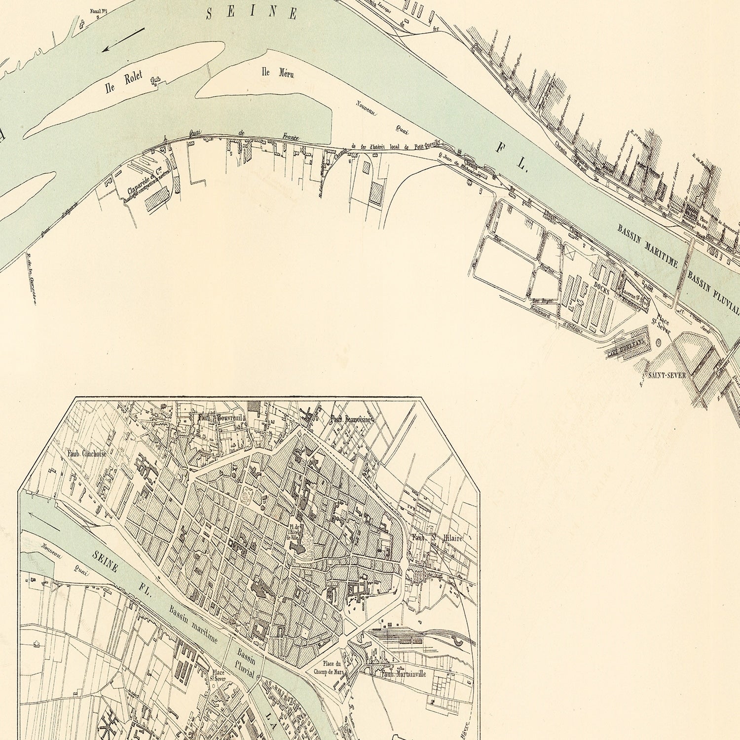 Vintage Map of Rouen, France 1886