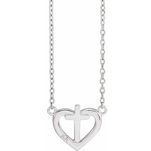 14K White Gold .0025 CT Natural Diamond Heart & Cross 18" Necklace