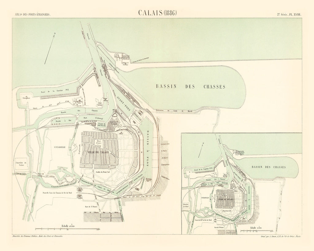 Vintage Map of Calais, France 1886