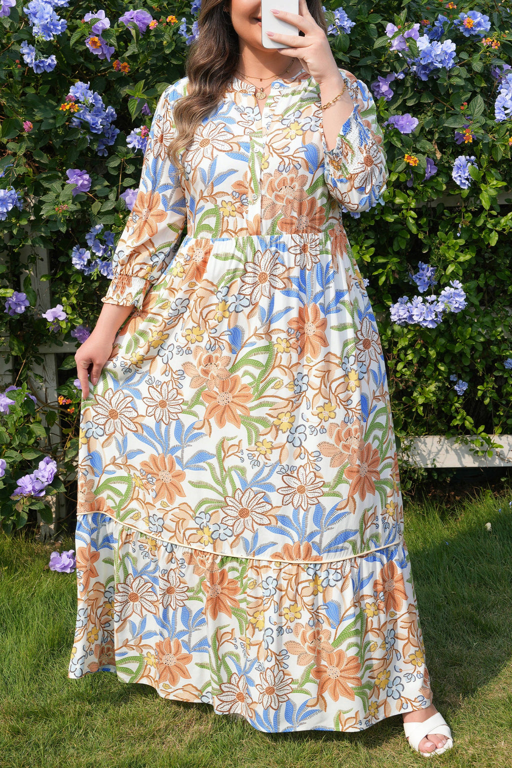Plus Size Floral 3/4 Sleeve Tiered Dress
