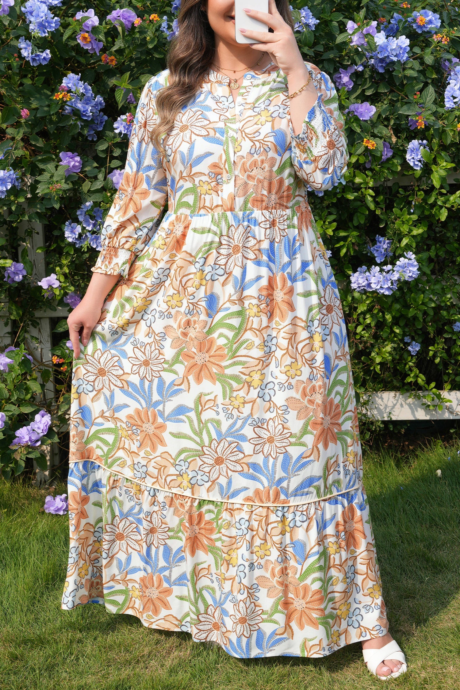 Plus Size Floral 3/4 Sleeve Tiered Dress