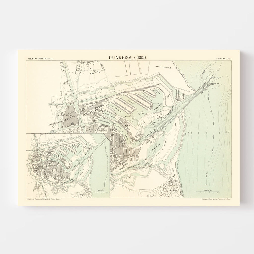 Vintage Map of Dunkerque, France 1886