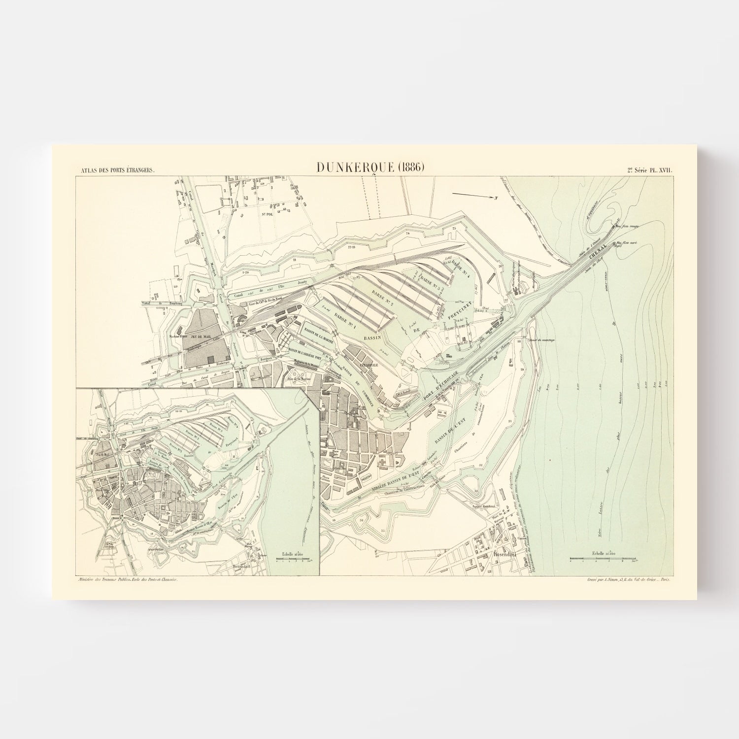 Vintage Map of Dunkerque, France 1886