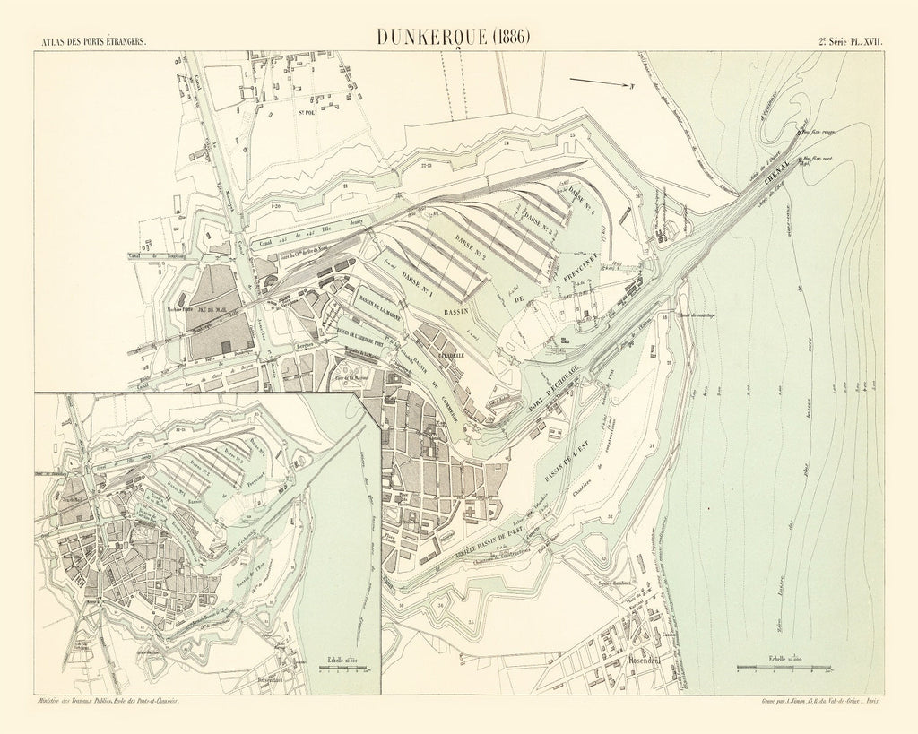 Vintage Map of Dunkerque, France 1886