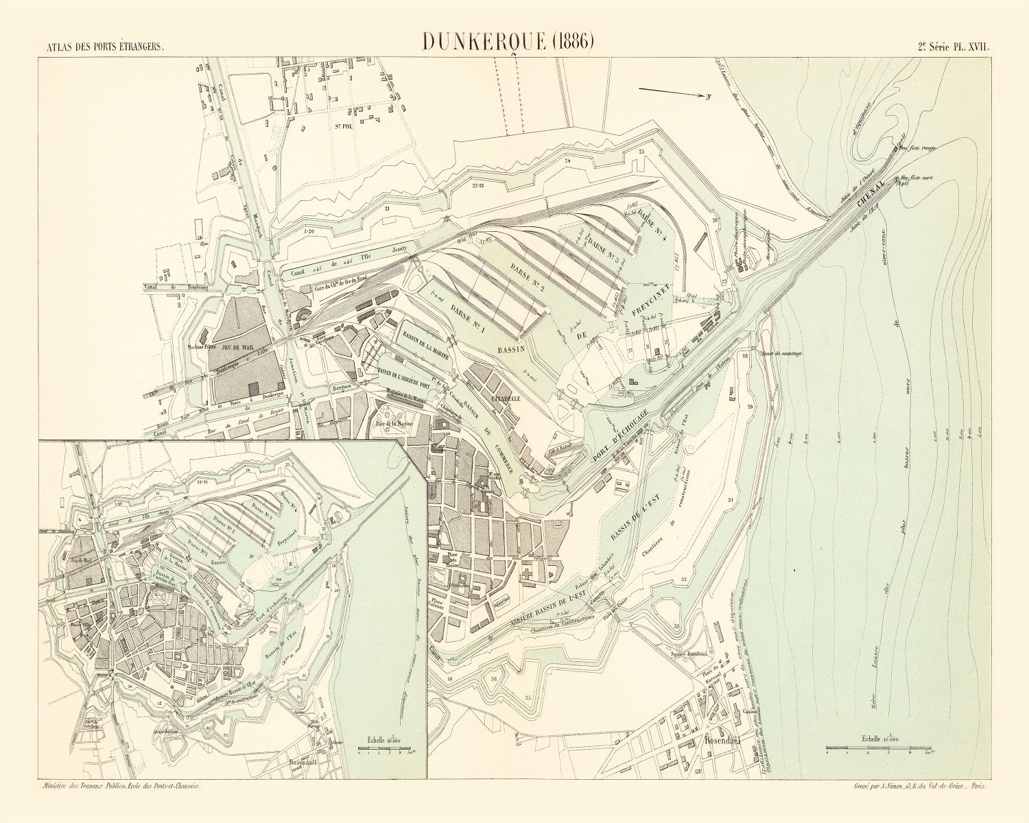 Vintage Map of Dunkerque, France 1886