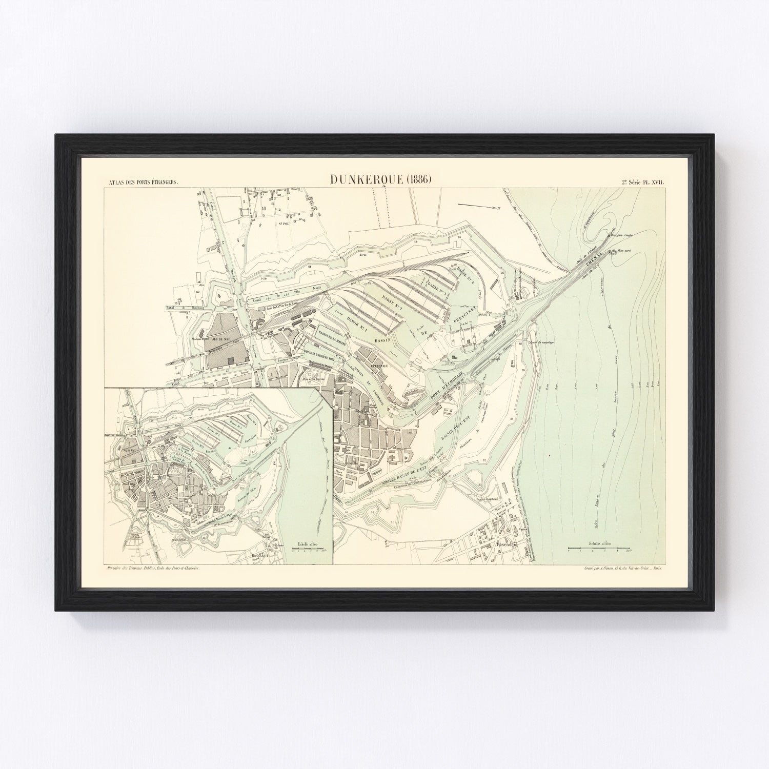 Vintage Map of Dunkerque, France 1886