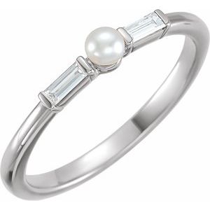 14K White Gold Cultured White Seed Pearl & 1/8 CTW Natural Diamond Ring