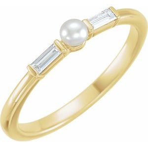 14K Yellow Gold Cultured White Seed Pearl & 1/8 CTW Natural Diamond Ring