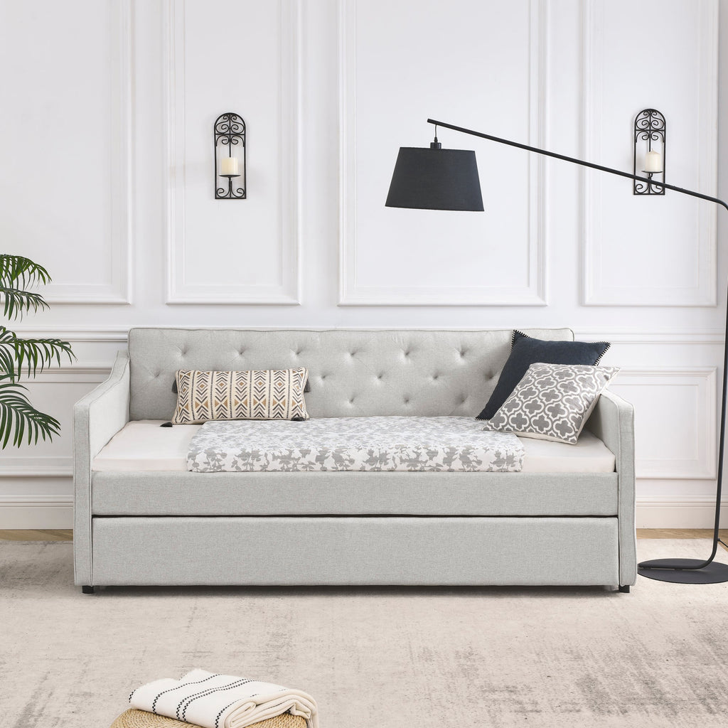 Twin Size Daybed with Twin Size Trundle Upholstered Tufted Sofa Bed,  Waved Shape Arms, Beige (80.5'x44.5'x33.5')