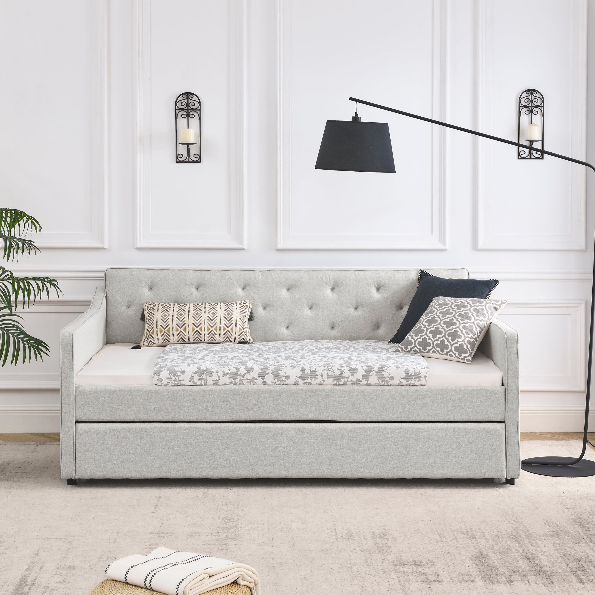 Twin Size Daybed with Twin Size Trundle Upholstered Tufted Sofa Bed,  Waved Shape Arms, Beige (80.5'x44.5'x33.5')