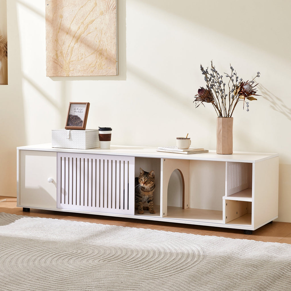 Modern Cream White TV Stand with Storage, Cat Litter Box Enclosure with Removable Sliding Door