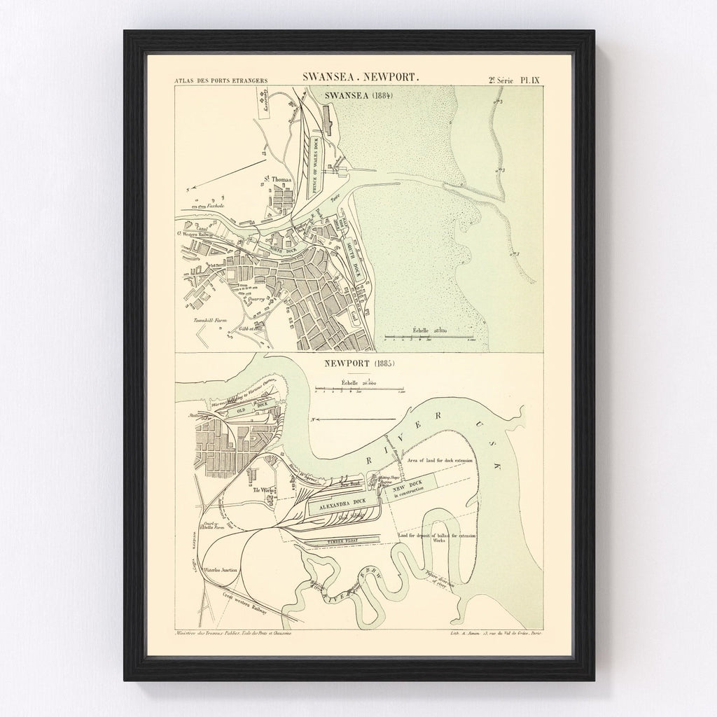 Vintage Map of Swansea, Wales 1885