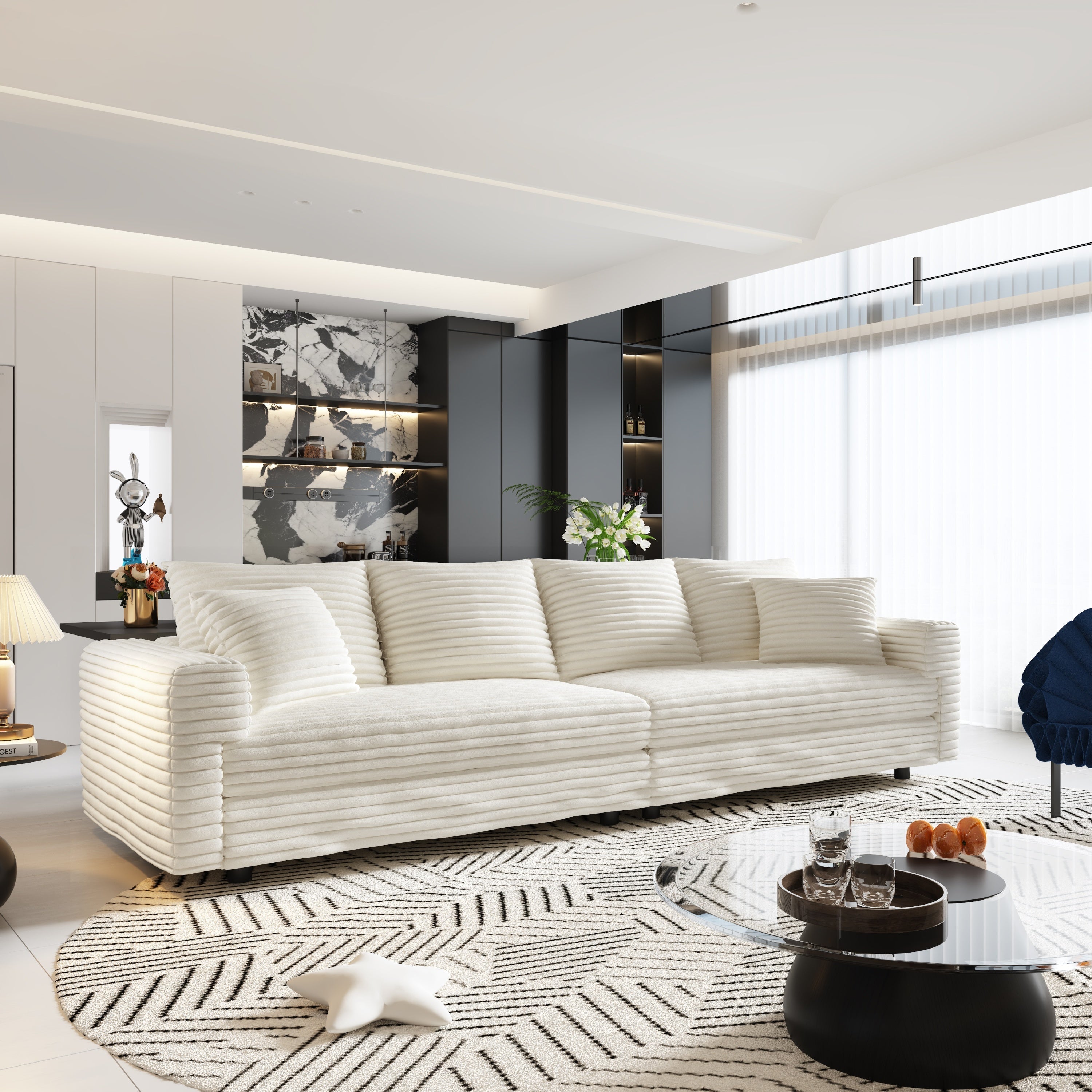 104.3 ' Plush Corduroy 4-Seat Sofa, Modern Comfy Upholstered Sofa Cloud Couch, Deep Seat Couches with Soft Pillows and 2 Ottomans, Convertible Sofa Lounge Chair, for Living Room,Apartment,Office,Beige
