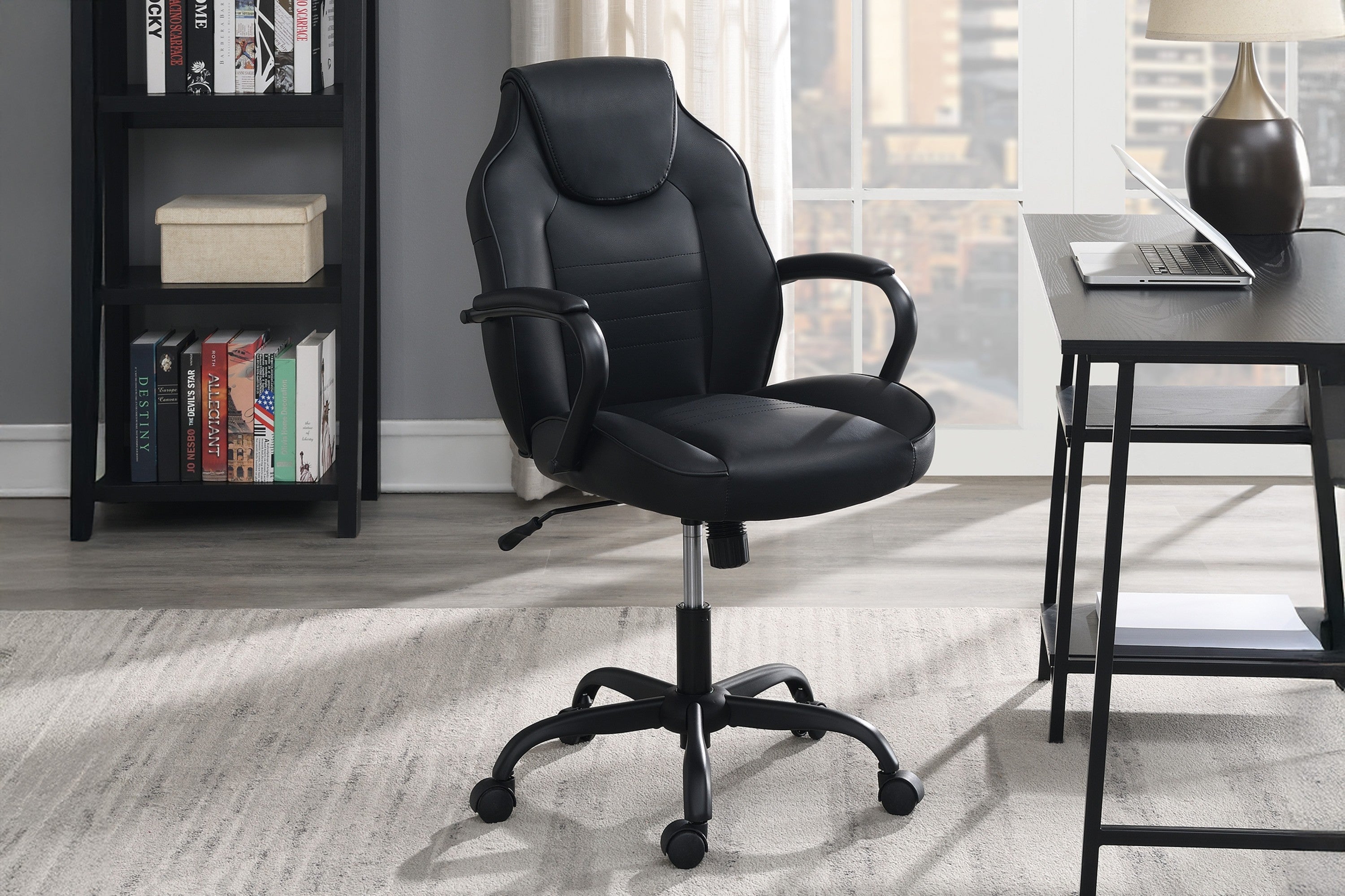 Gaming And Office Chair Black Faux Leather 1pc Chairs Casters Plush Padded Chair w Arms Comfortable Chair