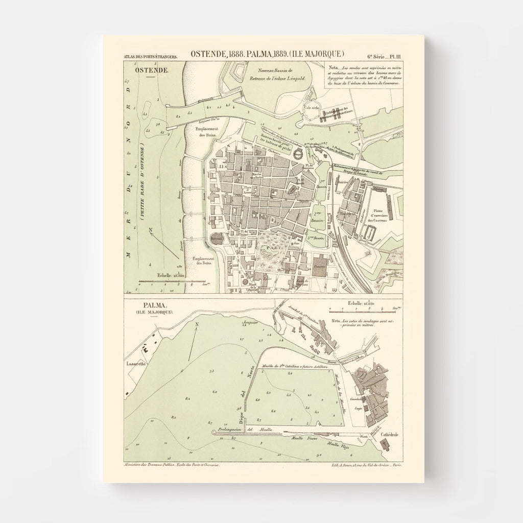 Vintage Map of Ostend, Belgium 1889