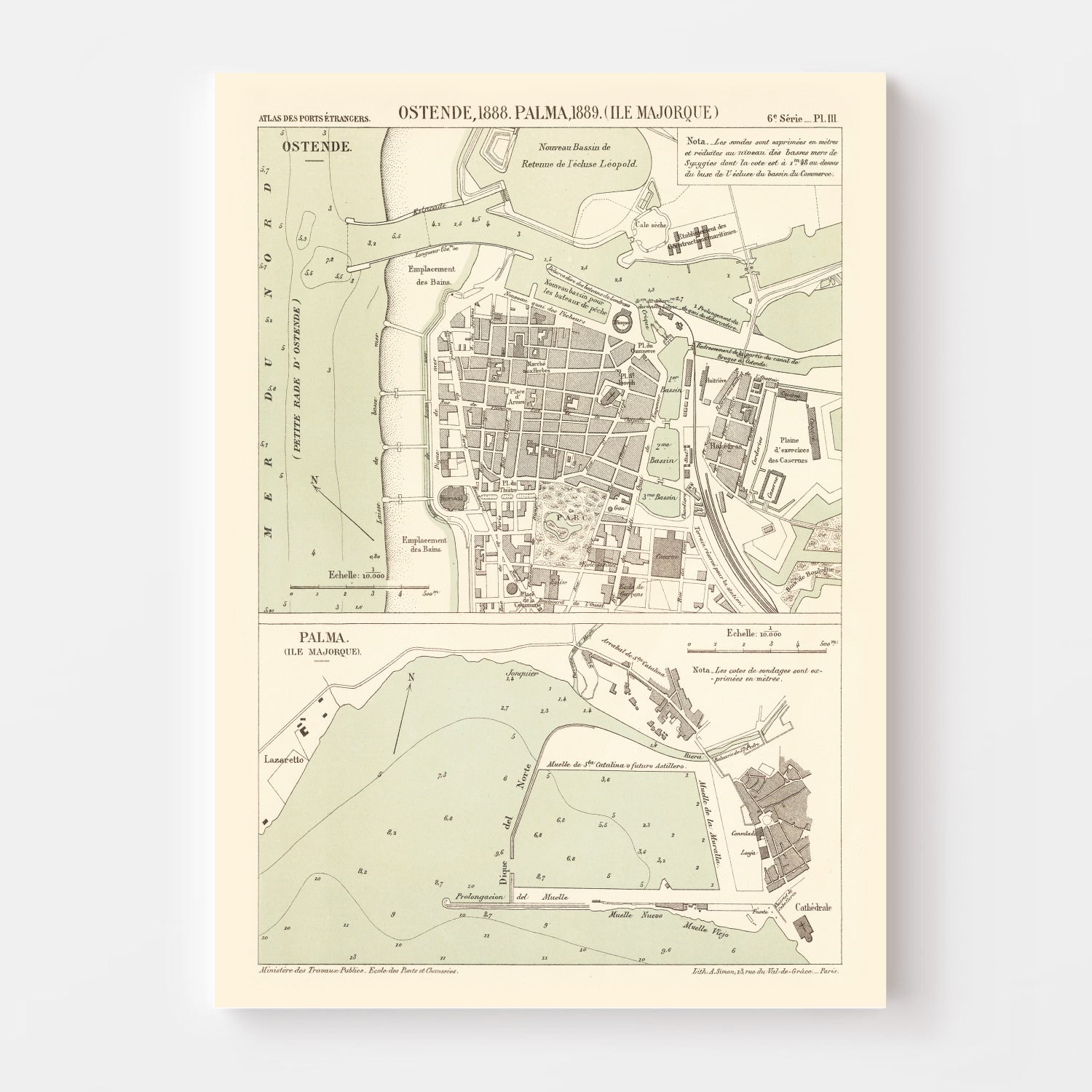 Vintage Map of Ostend, Belgium 1889