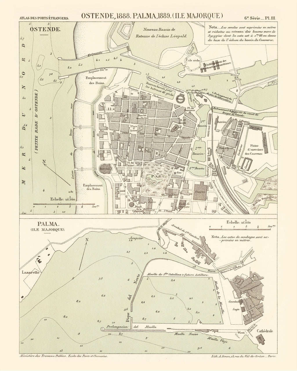 Vintage Map of Ostend, Belgium 1889