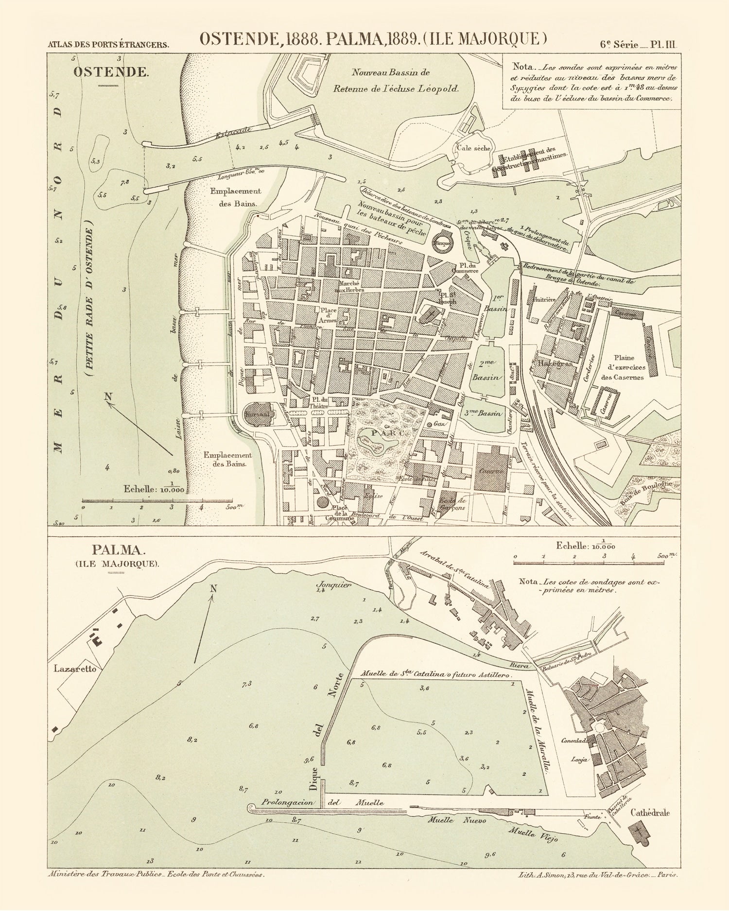 Vintage Map of Ostend, Belgium 1889