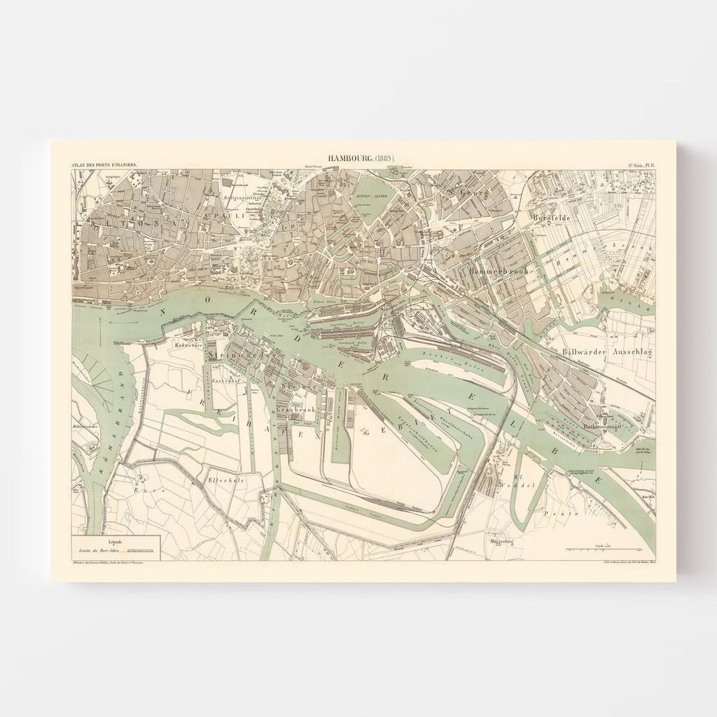 Vintage Map of Hamburg, Germany 1889