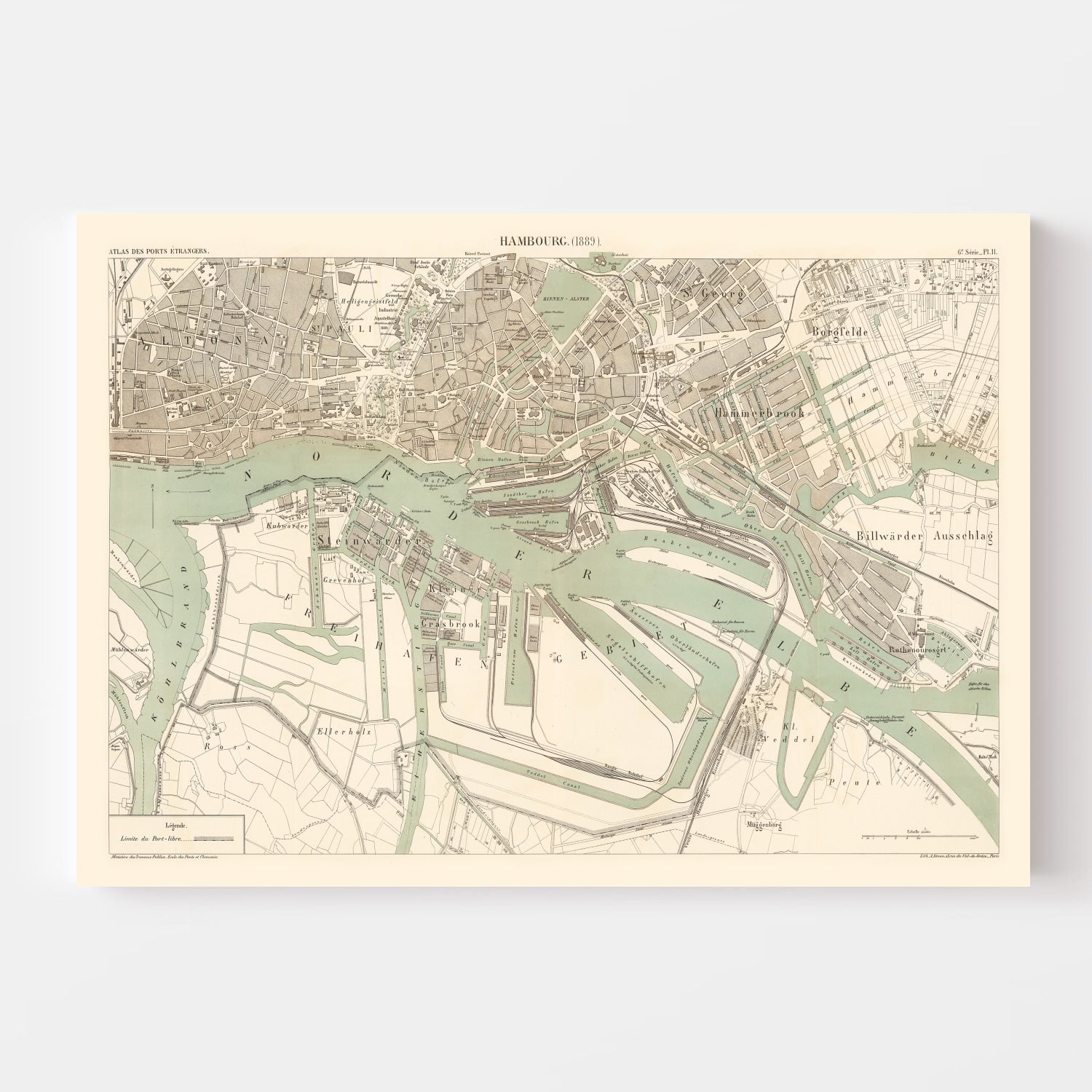 Vintage Map of Hamburg, Germany 1889
