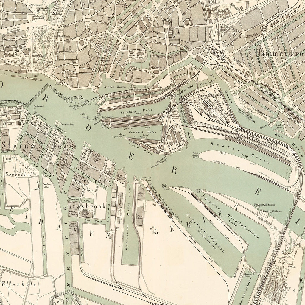 Vintage Map of Hamburg, Germany 1889