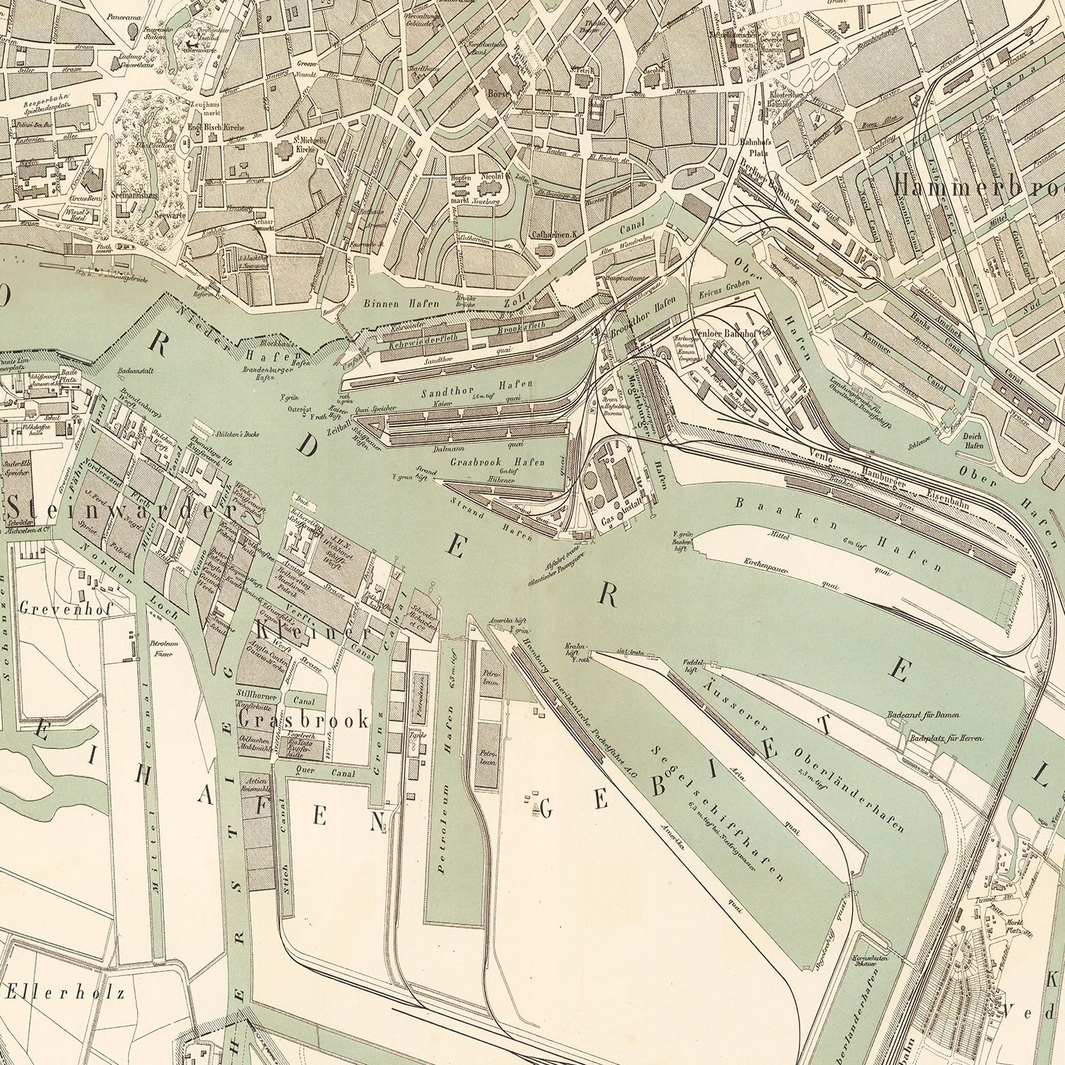 Vintage Map of Hamburg, Germany 1889