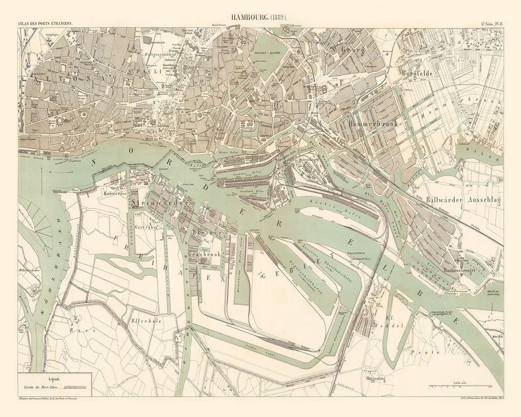 Vintage Map of Hamburg, Germany 1889