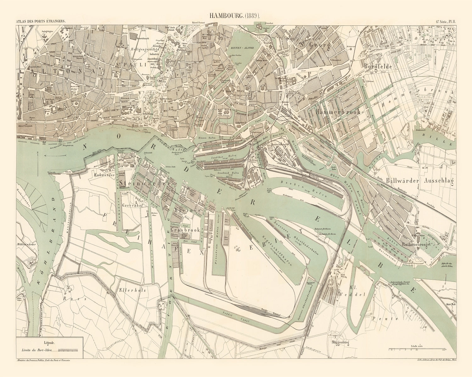 Vintage Map of Hamburg, Germany 1889