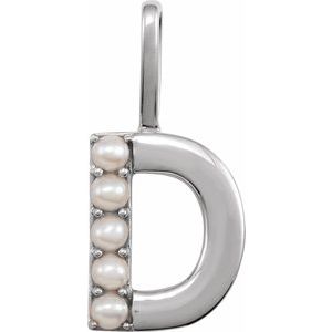 14K White Gold Cultured White Freshwater Pearl Initial D Charm/Pendant