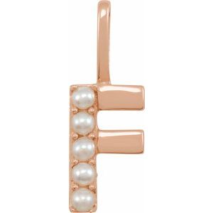 14K Rose Gold Cultured White Freshwater Pearl Initial F Charm/Pendant