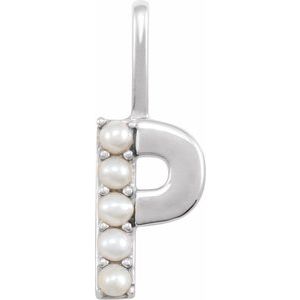 14K White Gold Cultured White Freshwater Pearl Initial P Charm/Pendant