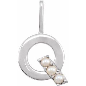 14K White Gold Cultured White Freshwater Pearl Initial Q Charm/Pendant