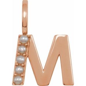 14K Rose Gold Cultured White Freshwater Pearl Initial M Charm/Pendant