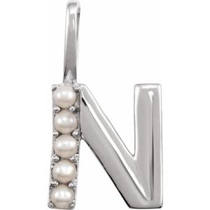 14K White Gold Cultured White Freshwater Pearl Initial N Charm/Pendant