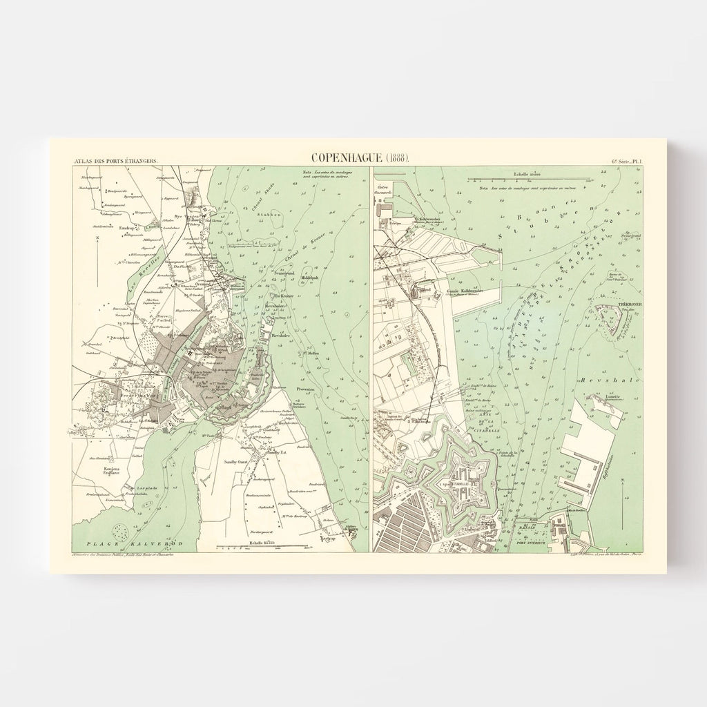 Vintage Map of Copenhagen, Denmark 1888