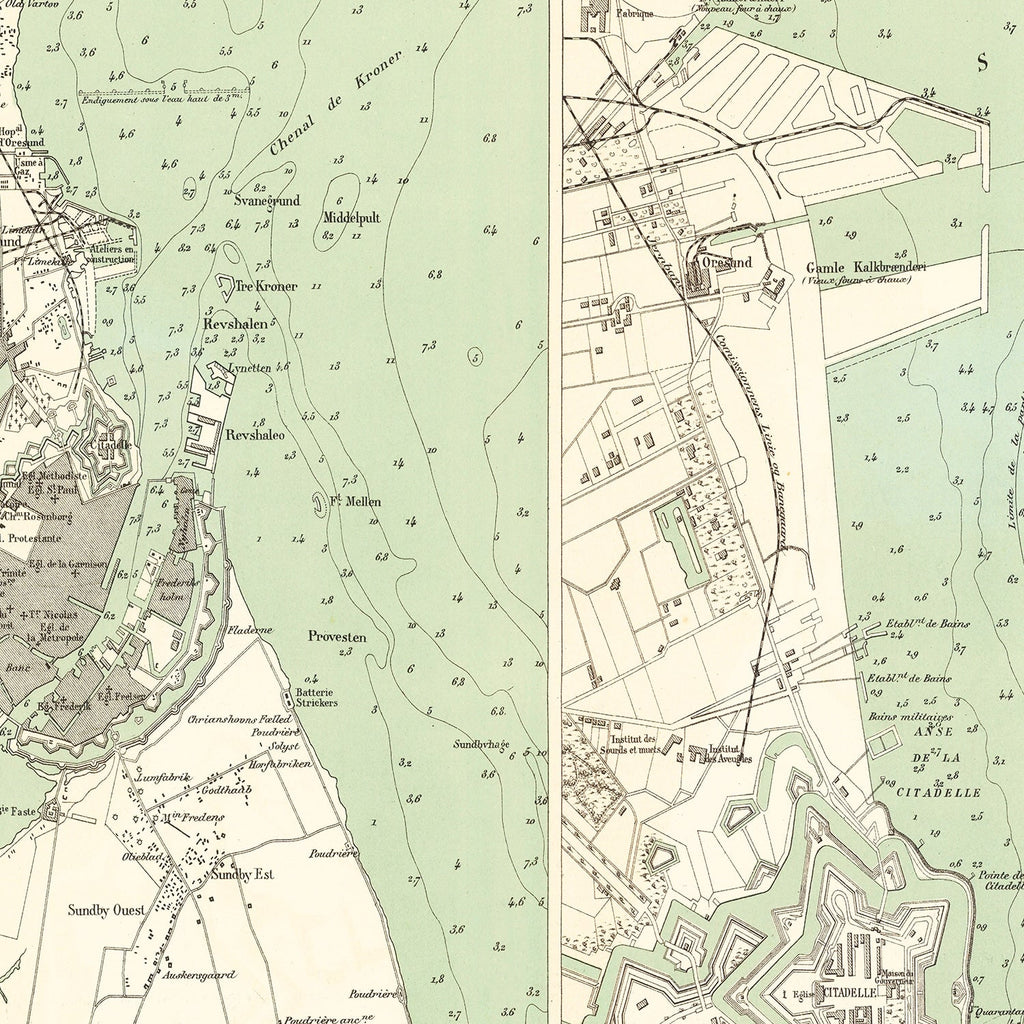 Vintage Map of Copenhagen, Denmark 1888