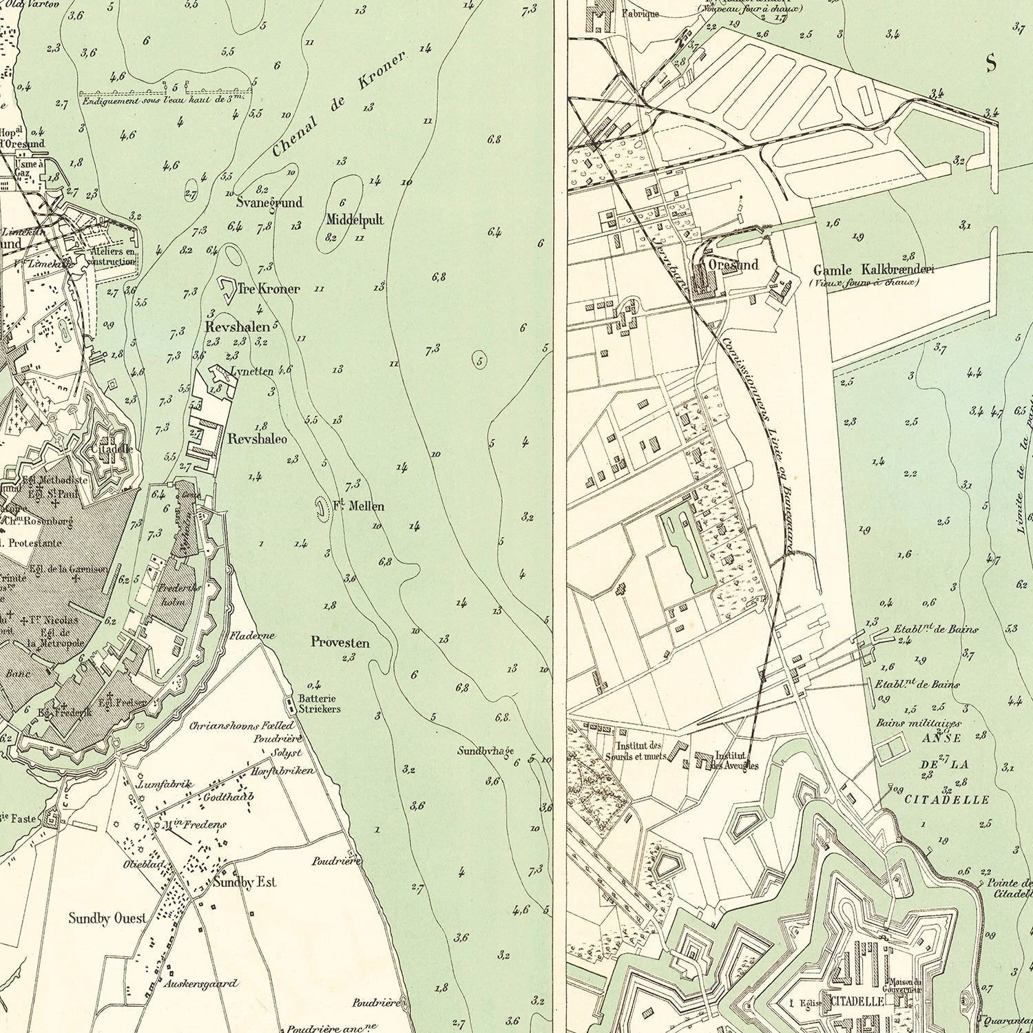 Vintage Map of Copenhagen, Denmark 1888