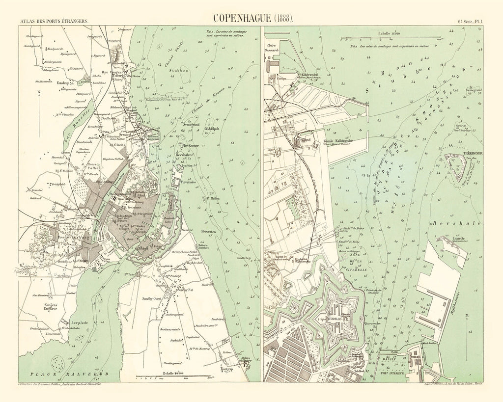 Vintage Map of Copenhagen, Denmark 1888