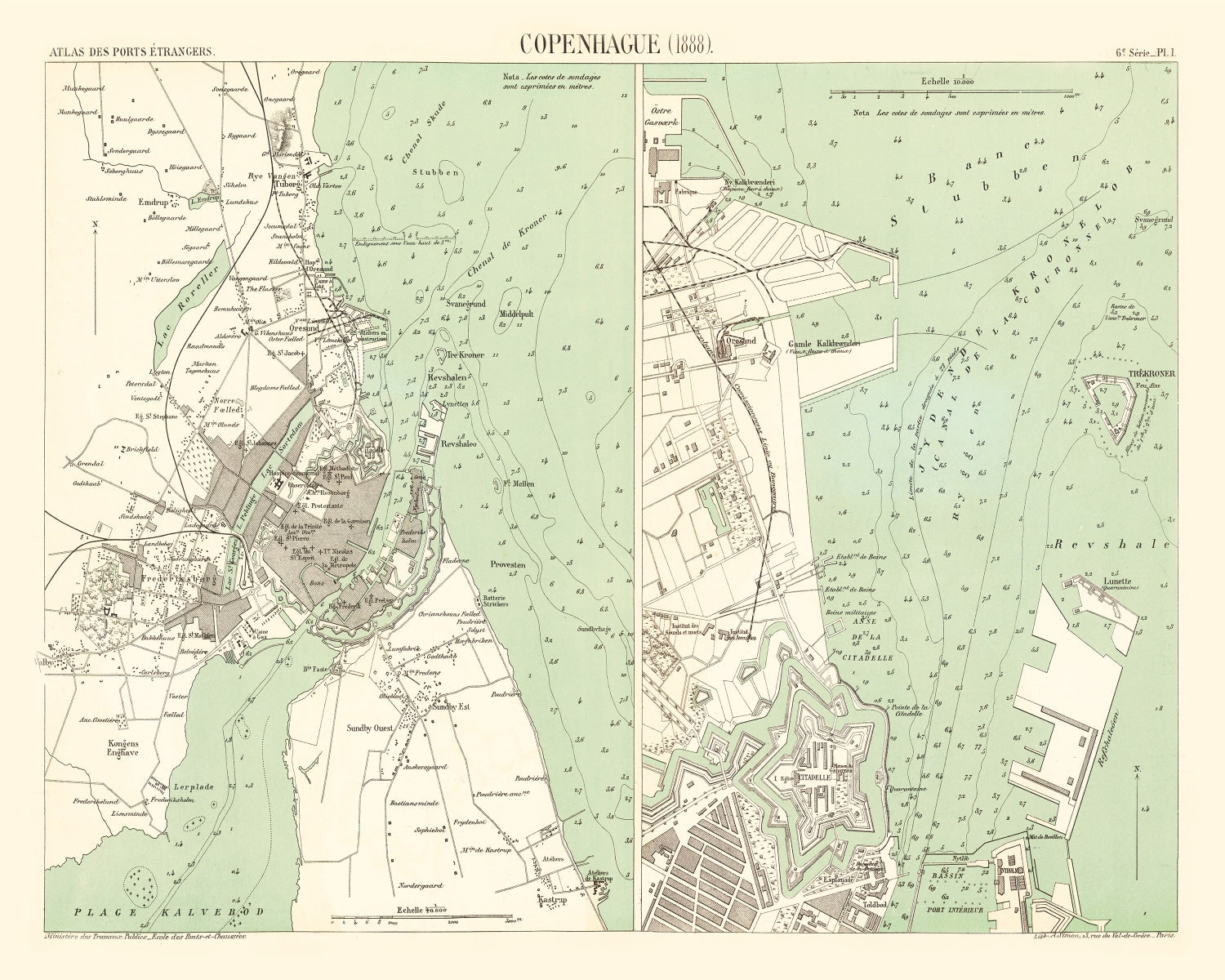 Vintage Map of Copenhagen, Denmark 1888