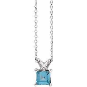 Platinum 4x4 mm Square Natural London Blue Topaz 16-18" Necklace