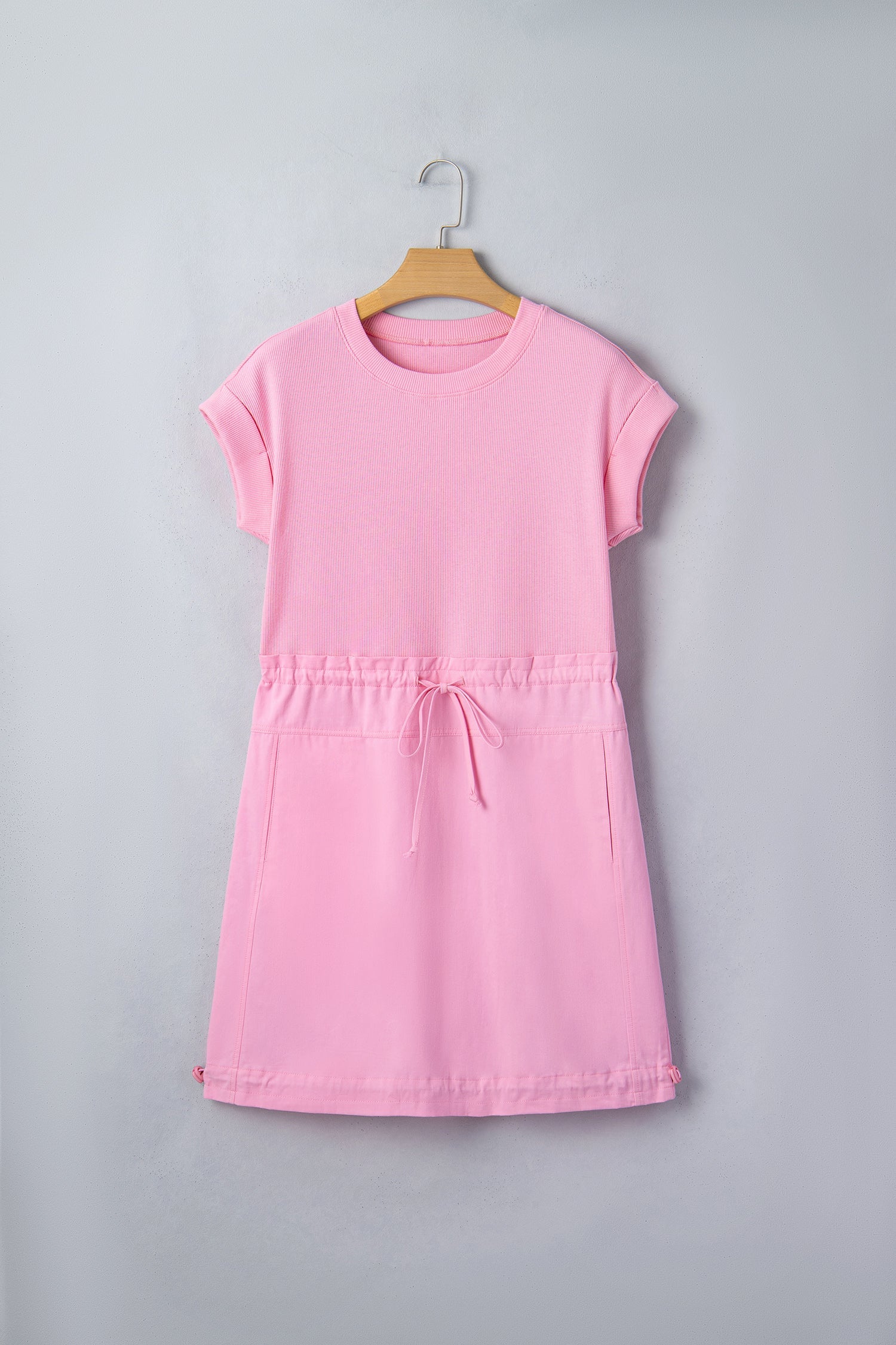 Solid Ribbed Knit Patchwork Drawstring Mini Dress