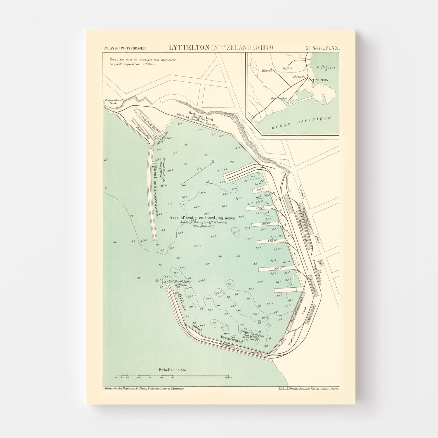 Vintage Map of Lyttelton, New Zealand 1889